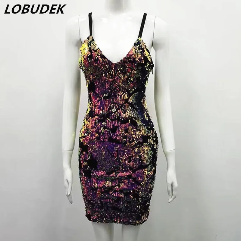 

Nightclub DJ Women Singer Sequins Dress Costume Sexy V-Neck Skinny Short Dress Bar Party Star Vocal Concert Performance Clothing