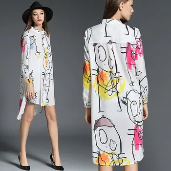 

Plus Size Tops Printing Irregular Loose Lady Shirts Autumn Polyester Long Casual Chiffon Full Stand Collar Women Blouses Blusas