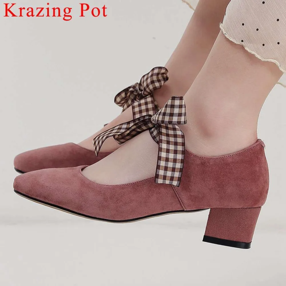 

Krazing Pot Preppy Princess style lace up checkered bowtie Mary Janes shoes retro square toe med heels vocation dancer pumps L13