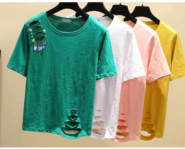 Футболка с дырками для женщин, модная женская одежда harajuku, женская футболка, летняя футболка с коротким рукавом, хлопковая Футболка для женщин