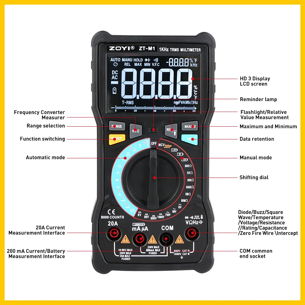 Цифровой мультиметр True-Rms Ac Dc напряжение тока Ом Температура мультиметр 8000 отсчетов ЖК-дисплей и ZT-M1 подсветки