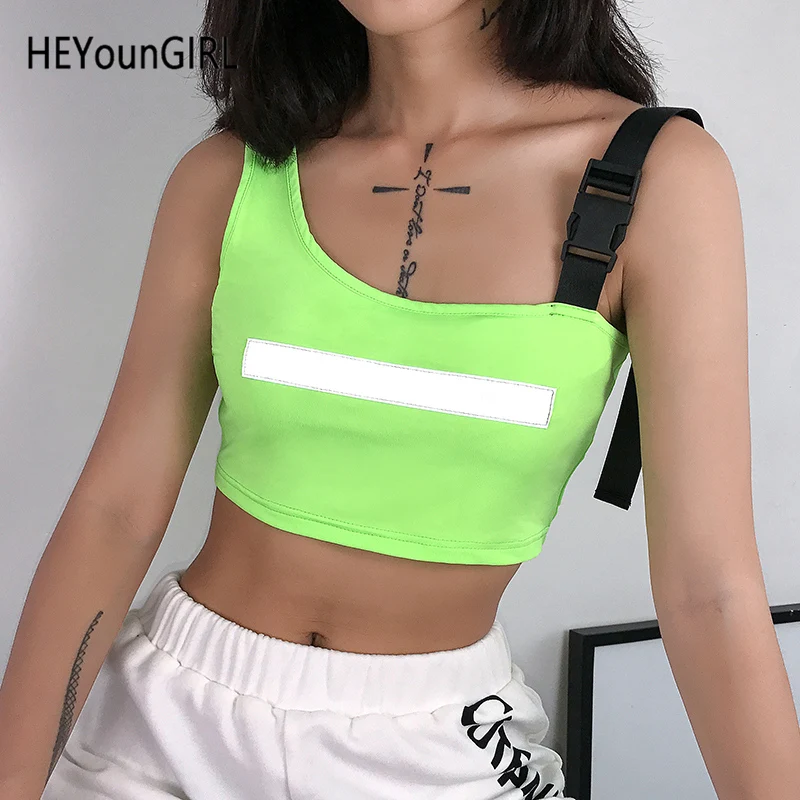 

HEYounGIRL Patchwork Strips Harajuku Neon Green Crop Top Women Backless Sexy Tank Tops Tees Reflective Strip Tee Shirt Summer