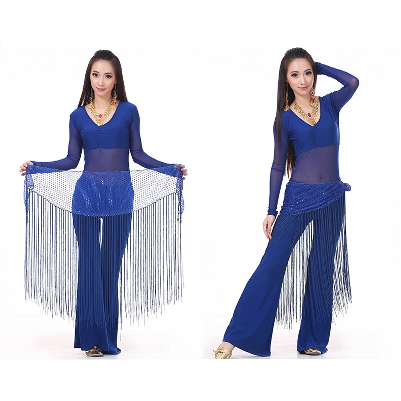 Belly Dance Costumes mesh long sleeves blouse and sequins tassels hip