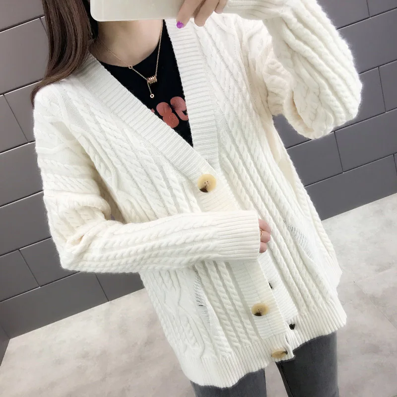 #Special Offers Korean V-Neck New Arrival Cardigans Auttum Long Sleeve Women Cardigan Thick Solid Female Sweater Female casual Tops