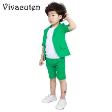 Модные строгие костюмы для мальчиков летний хлопковый блейзер с короткими рукавами из 2 предметов, брюки детские комплекты одежды для свадьбы, дня рождения, F191