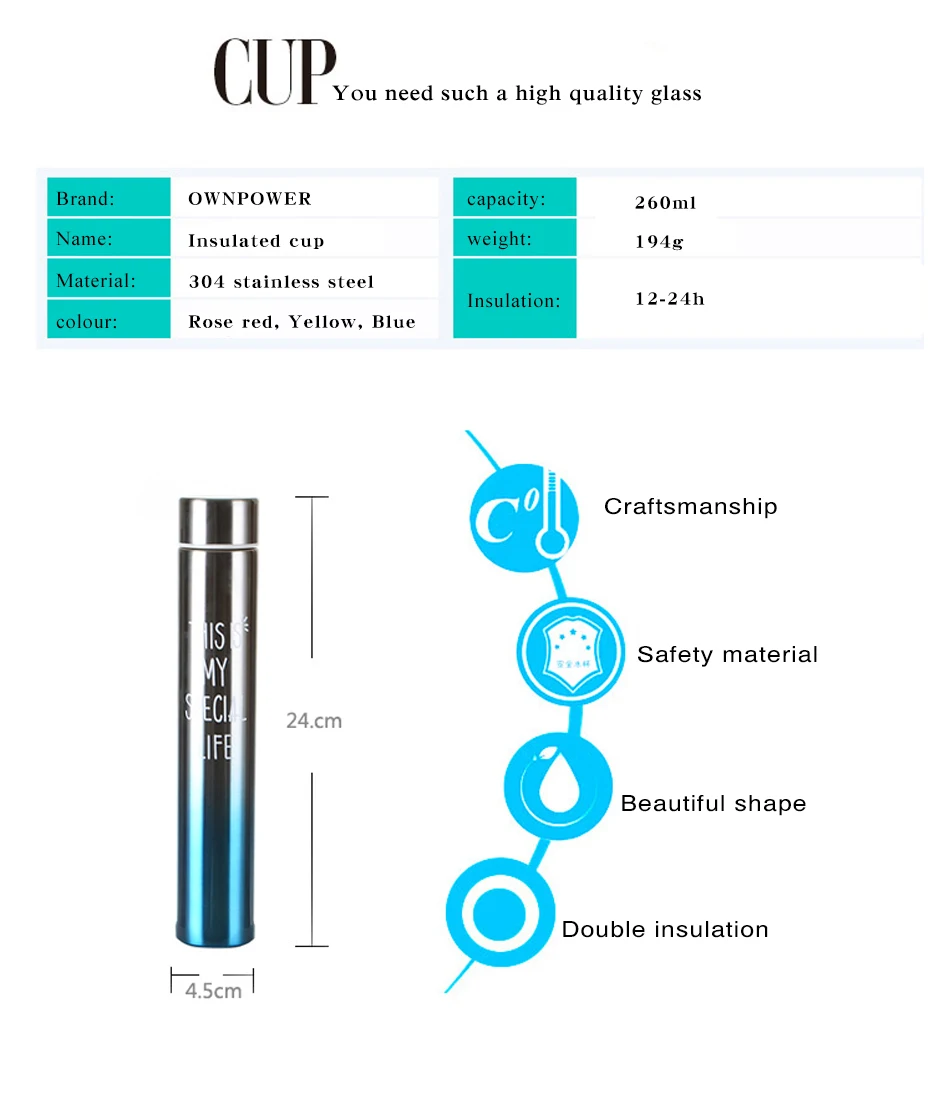 OWNPOWER 260 мл Термокружка Вакуумная чашка из нержавеющей стали бутылка с вакуумной изоляцией стакан для путешествий спортивная Термокружка кофейные кружки
