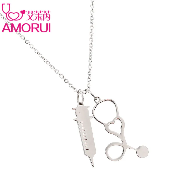 AMORUI Medical Stethoscope Syringe Pendant Statement Choker Necklace Stainless Steel Gold/Silver Necklaces Pendants Women Gift