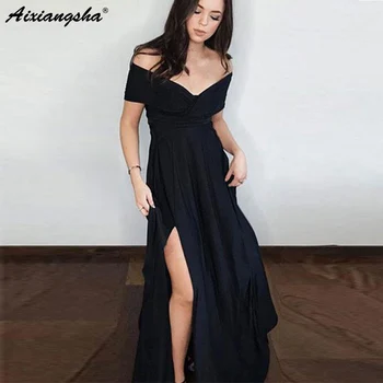 

Elegant Off the Shoulder V-Neck Long Evening Party Dress with Slit A-Line Chiffon Black Prom Dress