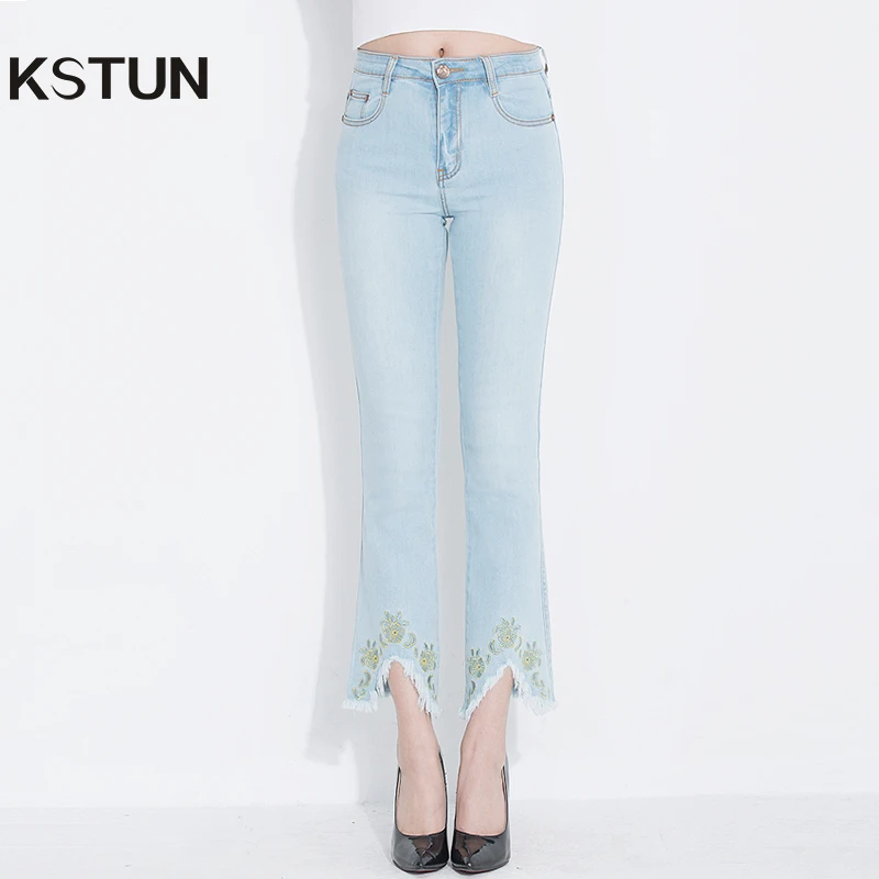 

KSTUN Fashion 2018 Jeans for Women High Waist Boot Cut Light Blue Flared Embroidery Elastic Vintage Denim Pants Mujer Plus Size