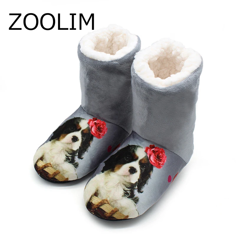 

ZOOLIM Women Indoor Slippers 3D Dog Print Floor Thick Warm Winter Home Slippers Soft Mute Bedroom Non-slip House Shoes One Size