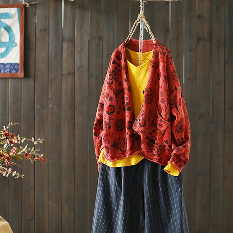 Цветок птицы олень печати женские кардиганы с длинным рукавом осень трикотаж свободные Harajuku Mori свитер для девочек Женский кнопка карман