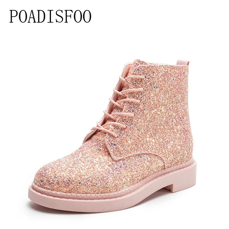 

POADISFOO Martin boots 2017 new senior PU Round Toe Square heel Low heel Sweet Bling Lace-Up Ankle Boots.CBSL-FS707