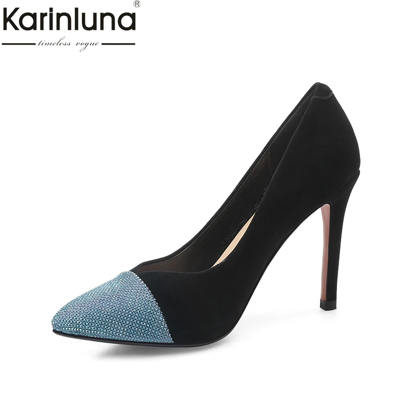 

KarinLuna 2019 Brand New Ins Style Fashion women's Shoes Pointed Toe Thin High Heels Flock Elegant Mature women's Stiletto