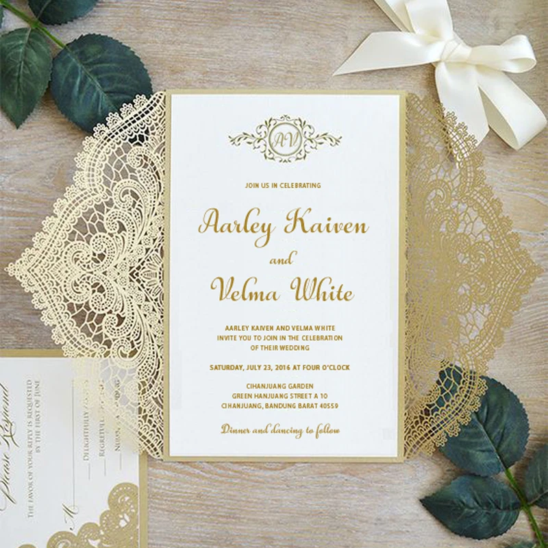 Aliexpress Com Buy Gold Lace Wedding Invitations Suite Elegant