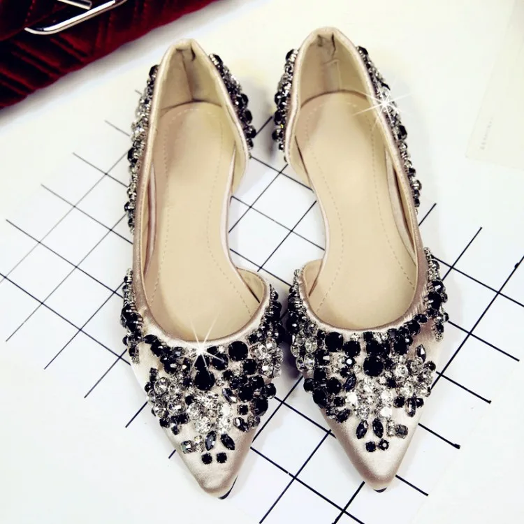 2017 New Arrival Fashion Elegant Women Shoes Crystal Silk Flat Shoes Sexy Pointed Toe Low Heels