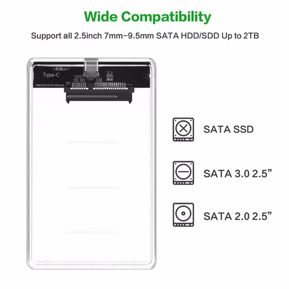 SOONHUA 2,5 дюймов прозрачный жесткий диск чехол USB3.1 type-C Корпус SATA HDD инструмент Высокая скорость внешней жесткий диск корпус