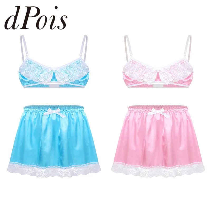 

2pcs Gay Mens Sissy Lingerie Set Smooth Satin Lace Adjustable Spaghetti Straps Bra Top with Short Skirt Sexy Mens Underwear Set