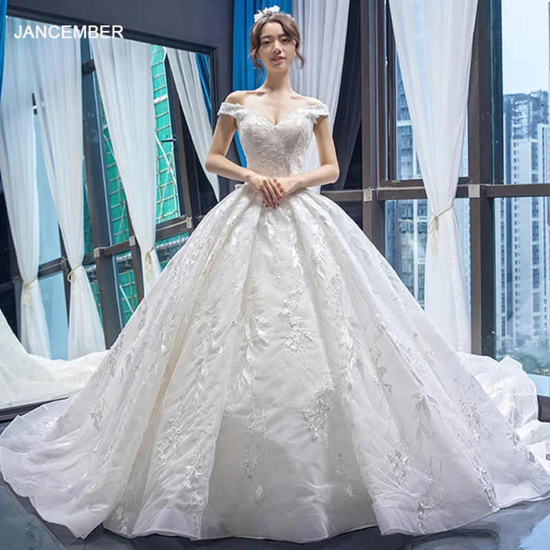 

J66682 jancember wedding dresses off the shoulder v-neck ball gown floor length like white elegant bridal dress new design 2019