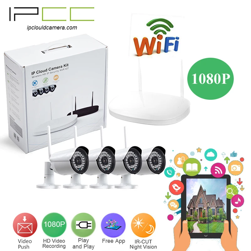

IPCC Wireless NVR Kit CCTV camera 4CH 1080P HD Wired waterproof with motion dection ios/Android remotely email alert function