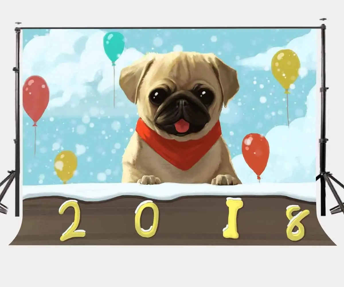 

150x210cm Photography Background 2018 New Year Background Cute Dog Backdrop Colorful Balloons Photography Backdrops
