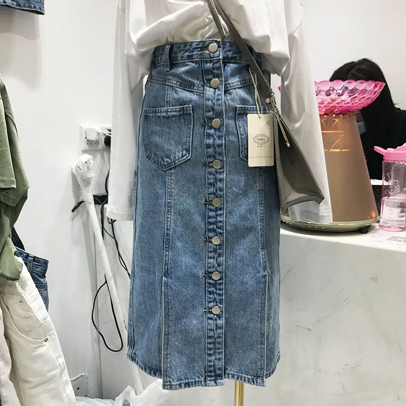 Новые летние стильные женские юбки размера плюс, модные повседневные свободные однобортные джинсовые юбки для женщин, большие Джинсовые Юбки-миди 5XL - Цвет: Jeans blue