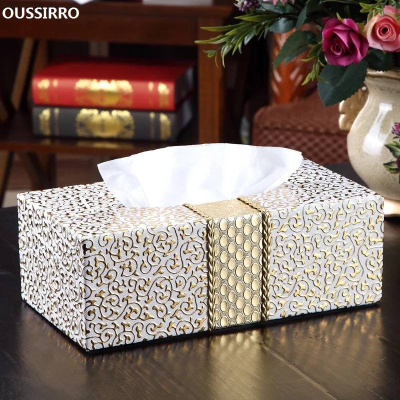 Tissue Box Holder Cube Cover Pu Leather Square Floral Case Napkin Face Tissues Organizer for Home Office Car Golden Home Use 