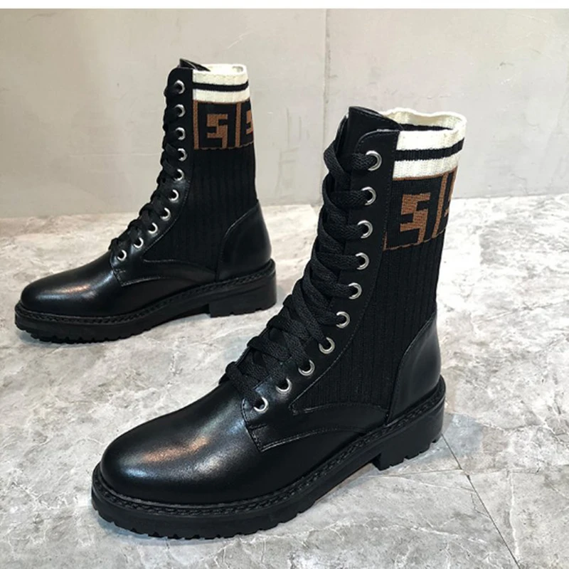 

women mid-calf motorcycle boots ladies cross-tied mixed colors knitting martin boots ladies autumn elastic sock boots woman