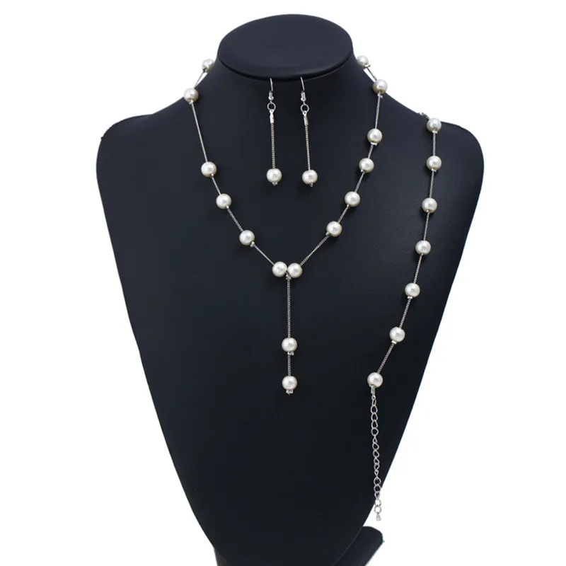 

Hot Sale 1Set Imitation Pearls Necklace Bracelet Earrings Gold/Silver Color Elegant Jewelry Sets For Women