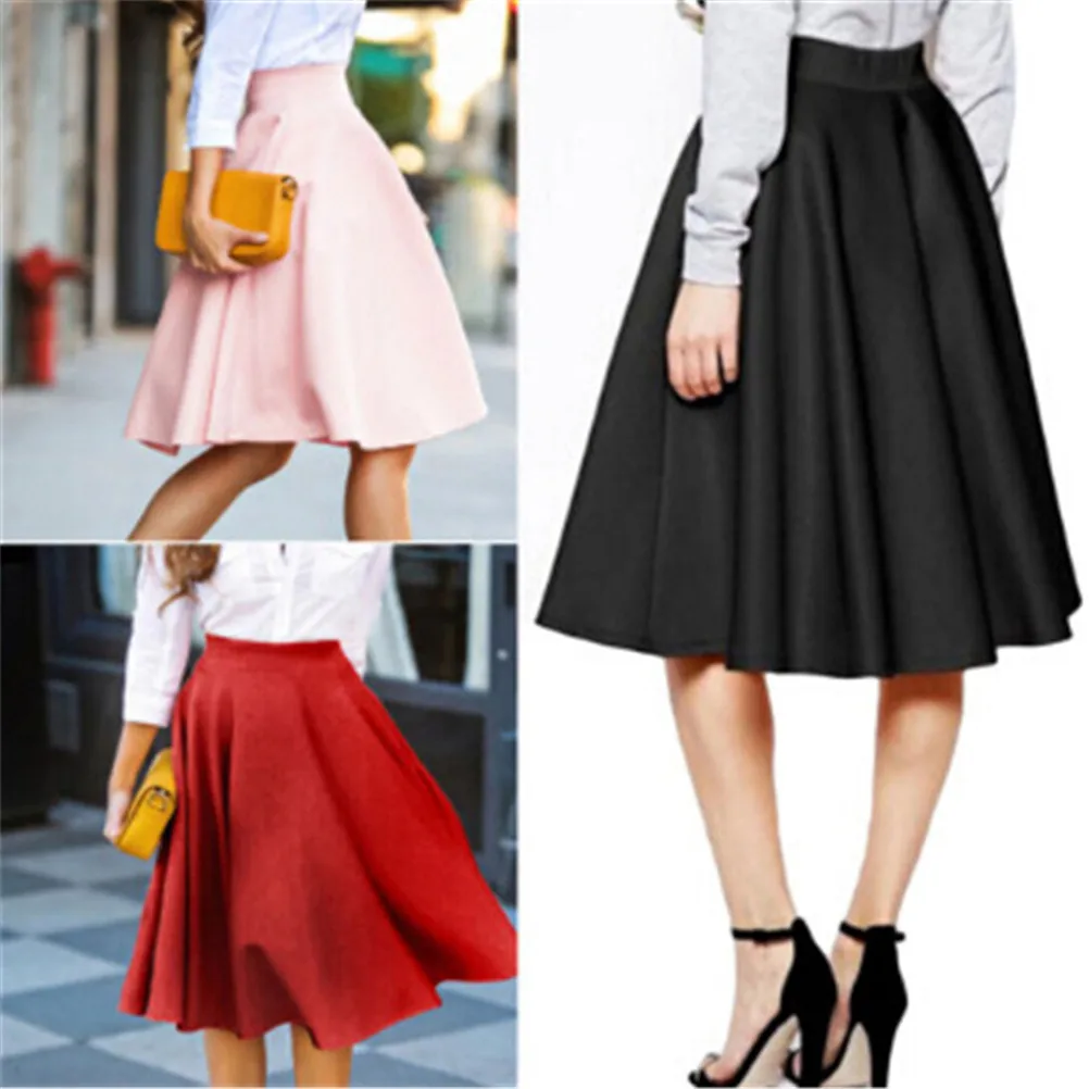 Vintage High Waist Flared Swing Skirt Women A Line Skirt Solid Knee ...