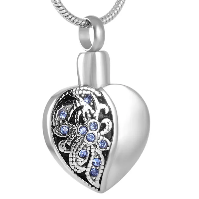IJD8318 держать цветок из голубых кристаллов Keepsake из нержавеющей стали в форме сердца памятная подвеска ювелирные изделия ожерелье для праха