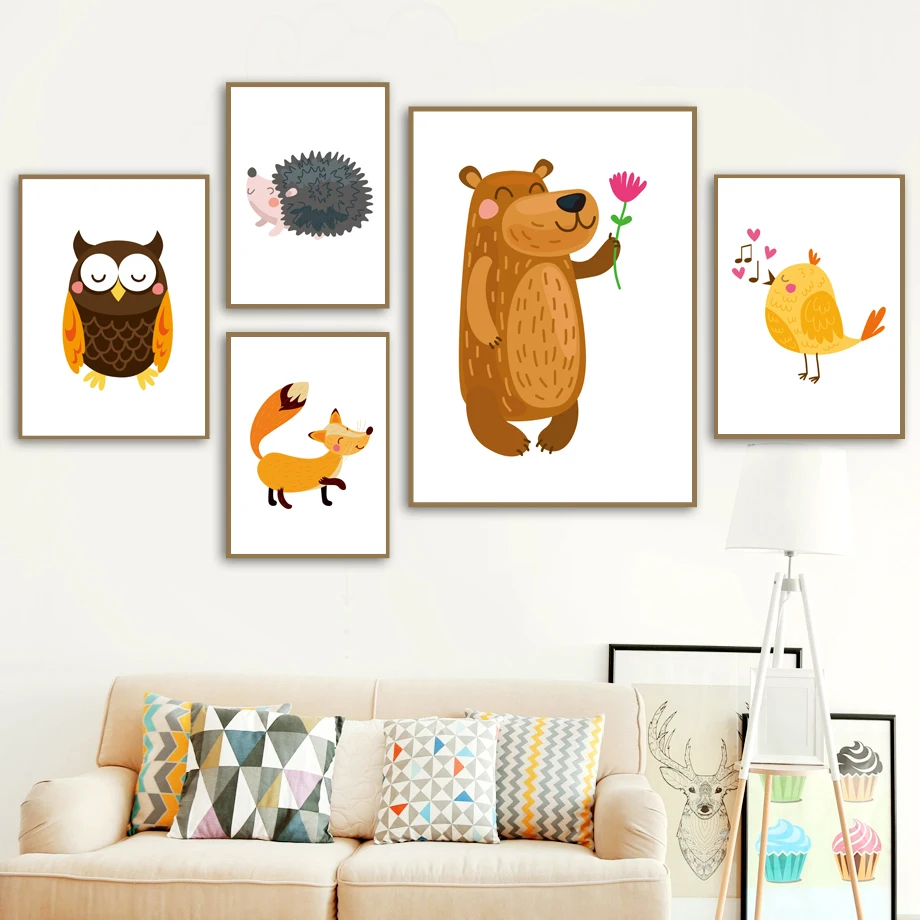 

Cartoon Owl Fox Hedgehog Bear Flower Cock Sing Wall Art Canvas Painting Nordic Posters And Prints Wall Pictures kids Room Decor