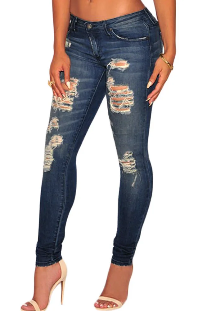 2016 Plus Size Low rise Dark Sandblast Wash Denim Destroyed Skinny Jeans Distressed Sculpt Stretchy Butt