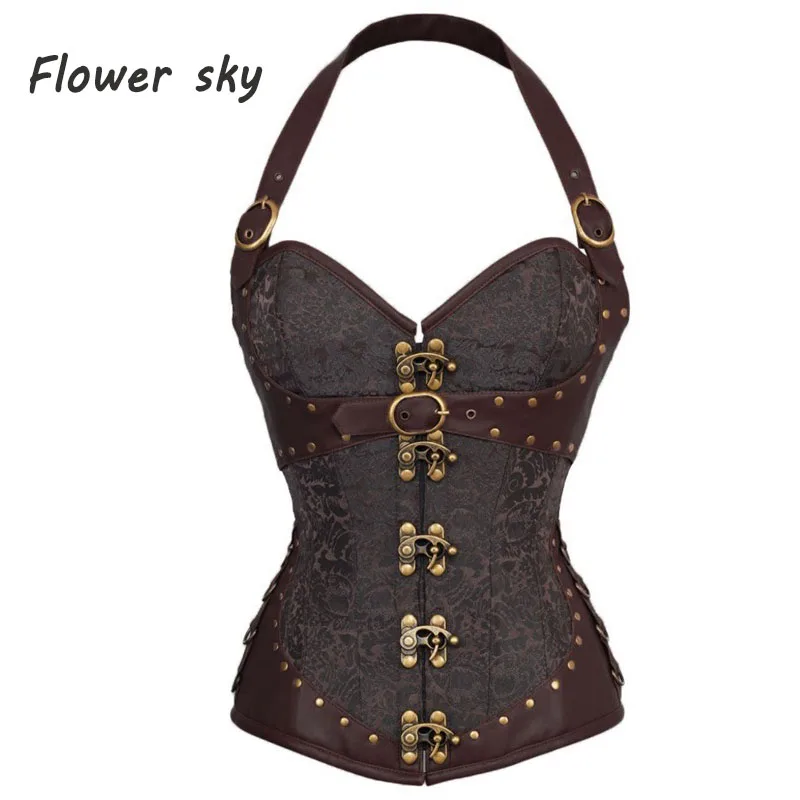 Brown Brocade and leather Top Sexy Corset halter Steampunk Corset