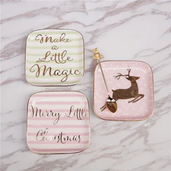 

Small Christmas Deer Porcelain Plate Square Handpainted Saucer Ceramic Jewelry Dish Decorative Tray Table Decoration