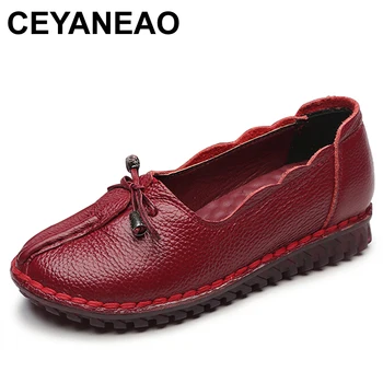 

CEYANEAO2018 Summer Genuine Leather Mother Shoes New Fashion Solid Ladies Round Toe Comforable Loafers Casual Women ShoesE1545