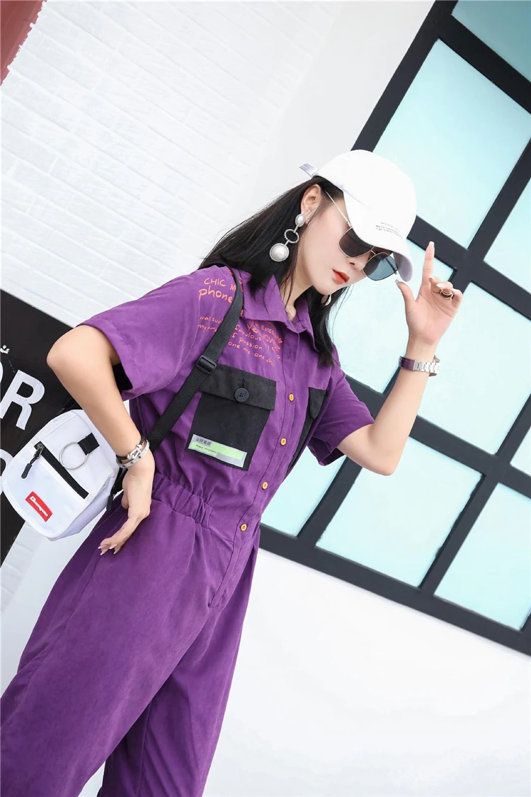 Тайский уличный бренд Фиолетовый комбинезон с буквенным принтом женский с высокой талией драпировка тонкие модные рабочие широкие брюки летние