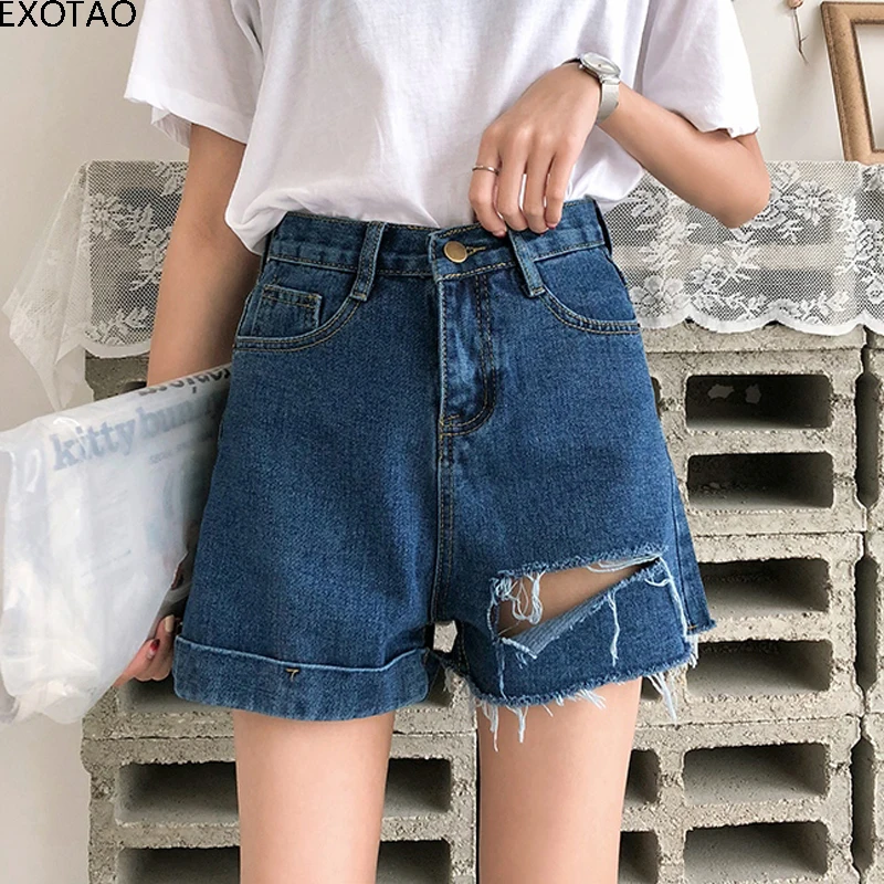 EXOTAO Summer Destroyed Denim Women Flare Shorts Cuffs High Waist Zip Tassel Wide Leg Shorts