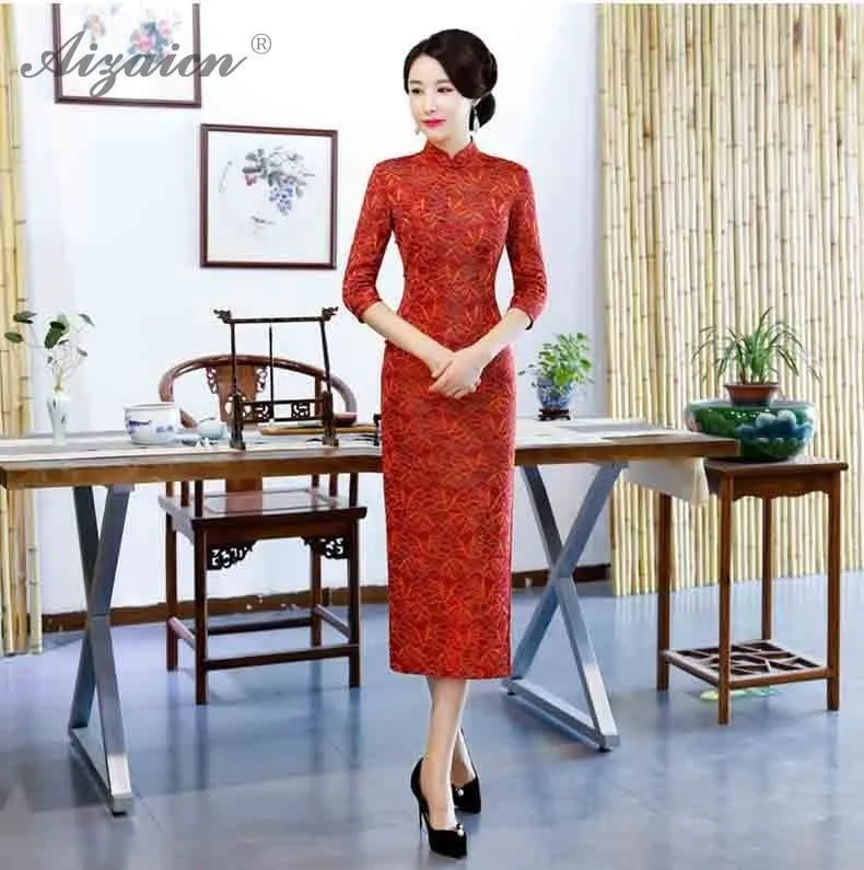 Ретро красное кружево Qipao ручной ногтей жемчуг Cheongsam Длинные платья Мать Qi Pao женское традиционное китайское платье Женская Роба в