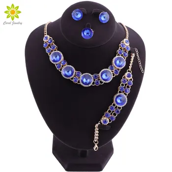 

New African Jewelry Sets Gold Color Round Crystal Women Wedding Necklace Bracelet Earrings Ring Set