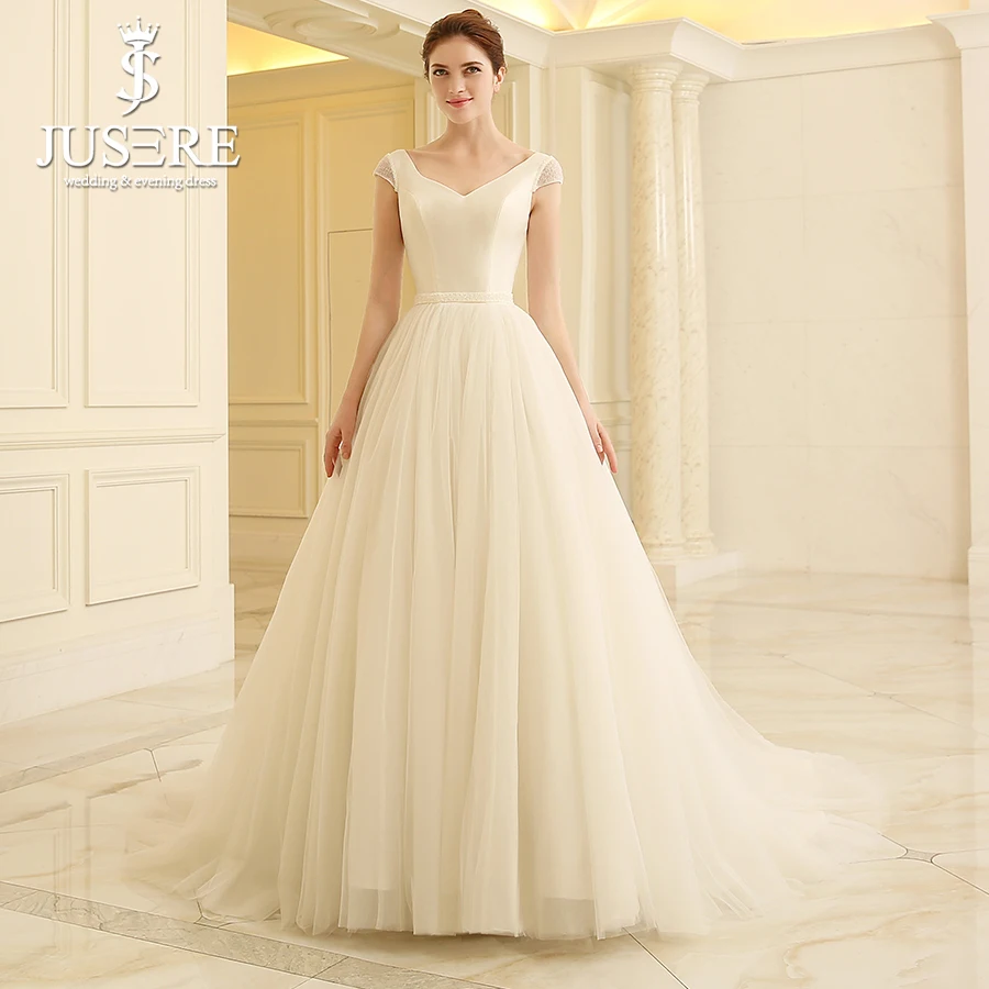 Jusere Simple Satin Bodice Tulle Skirt Puffy A Line Bead Cap