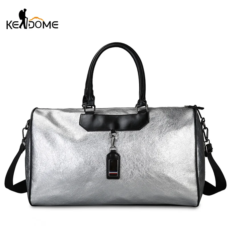 

Women Silver Gym Bag Lady Training Fitness Luggage Travel Bags PU Leather Yoga Mat Shoulder Handbag Blaso Sac De Sport XA87D