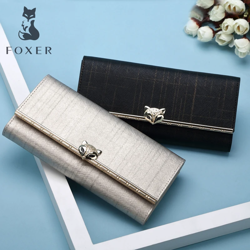 

FOXER Brand Women Cowhide Leather Long Wallet Fashion Lady Purse Cellphone Luxury Purse for Lady Women's wallet