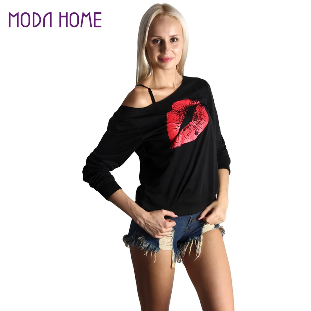 One Shoulder Round Neck Lips Printed T-Shirts