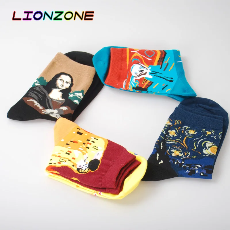 LIONZONE 4 пар/лот Ван Гог счастливые носки Для женщин хлопковые короткие забавный