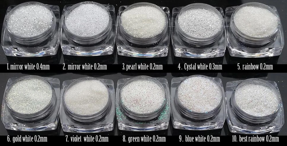 1set=10 Colors Mirror White Holographic Nail Glitters Powder Sheets Tips 3 Size ( 0.2mm&0.3mm&0.4mm) Nail Powder Nail Decoration