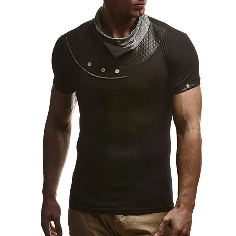 

Man Casual T-shirt 2019 Summer New Short-sleeved Fashion PU Leather Patchwork Stitching Collar Mens T-shirt V Neck Short T-shirt