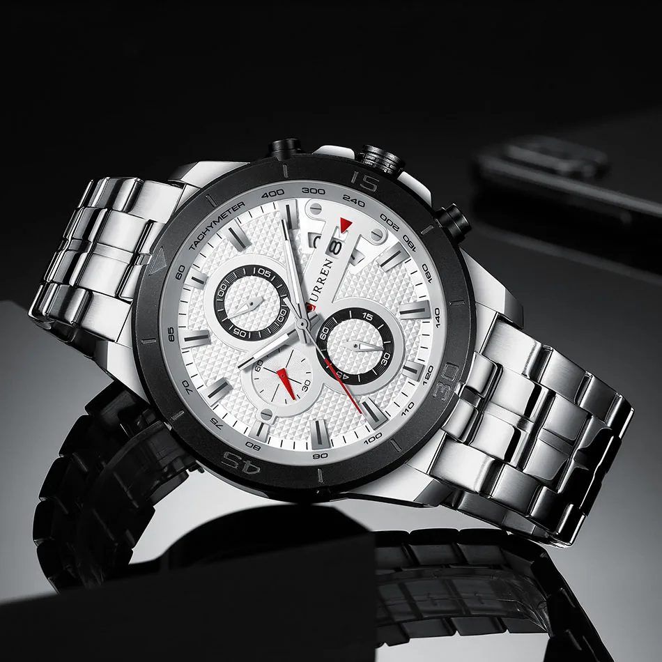 Curren, кварцевые часы для мужчин, люксовый бренд, нержавеющая сталь, хронограф, мужские часы, Лидирующий бренд, Роскошные водонепроницаемые мужские часы - Цвет: Silver Silver White