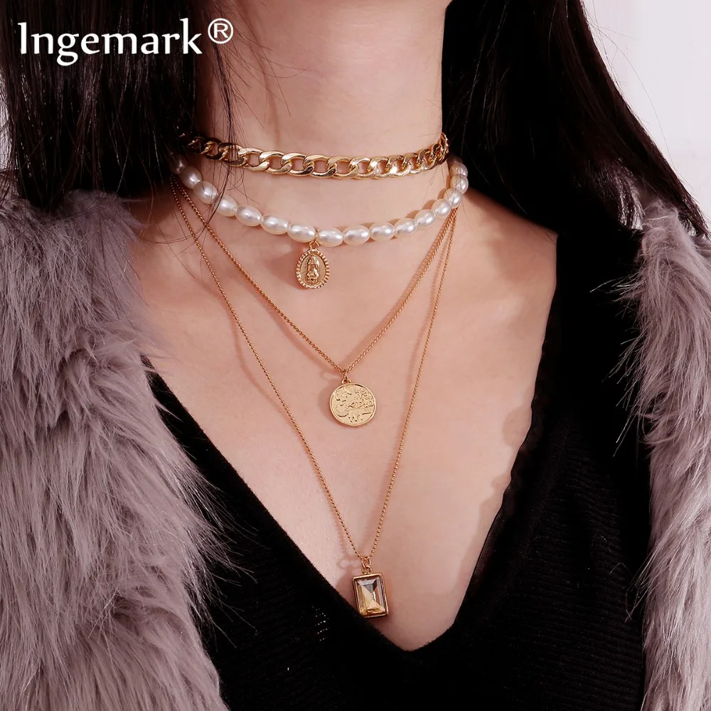 Ingemark Virgin Mary Pendant Choker Necklace Sweet White Pearls Crystal Square Golden Thick Chain Long Necklace Women Jewelry