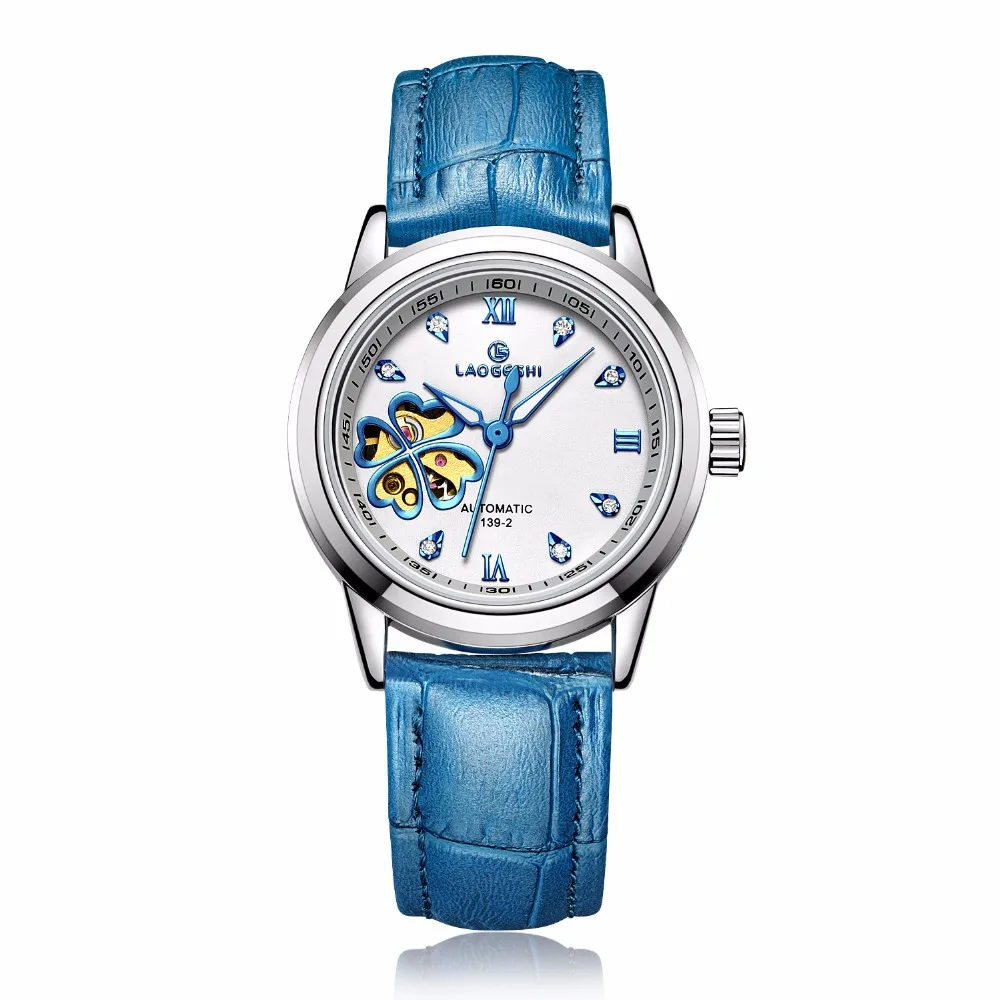 Алмазные четырехлистные наручные часы с клевером женские Автоматические механические часы женские розовые кожаные часы водонепроницаемые Senhoras Assistir