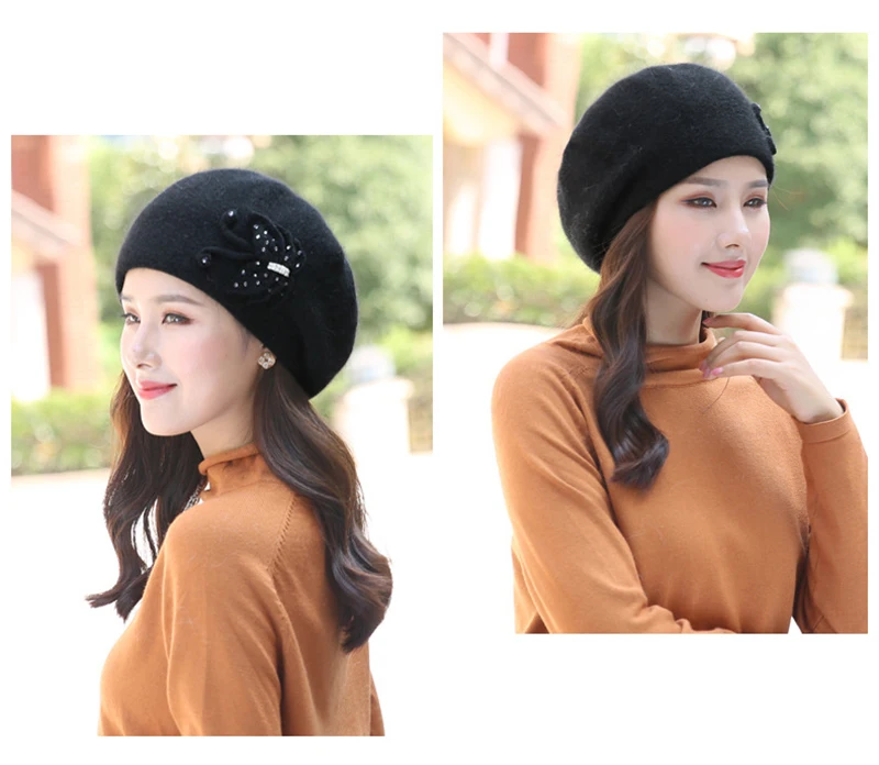 Angora Hat Women Winter Knit Cap Beanie Beret Warm Headwear Flower Casual Soft Classic Thermal Snow Outdoor Accessory (7)